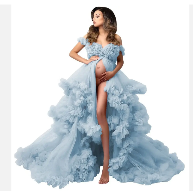 Blue Extra Puffy Off-Shoulder Tulle Dress