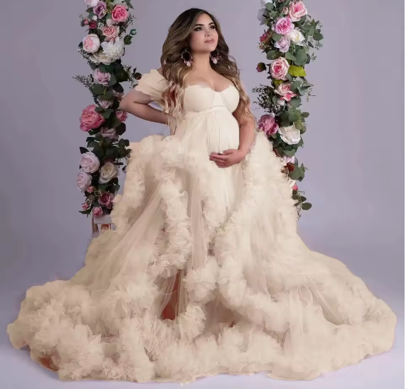 Ivory Puffy Ruffles Maternity Dress