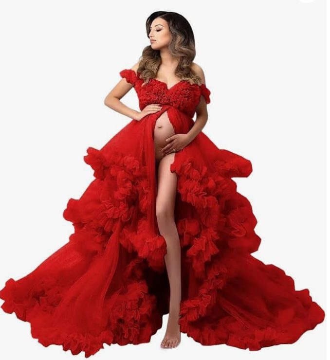 Red Extra Puffy Off-Shoulder Tulle Dress