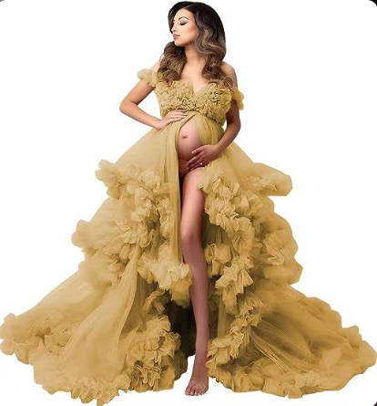 Gold Extra Puffy Off-Shoulder Tulle Dress